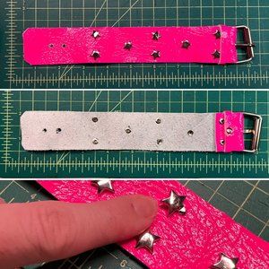 OOAK Home Made Genuine Leather Blacklight Neon Florescent Pink Silver Star Cuff